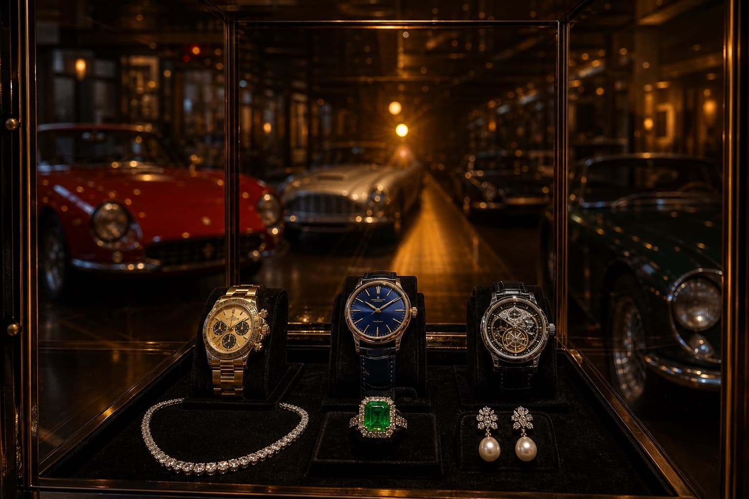 Showcase of rare watches and jewelry; blurred classic car collection through the glass